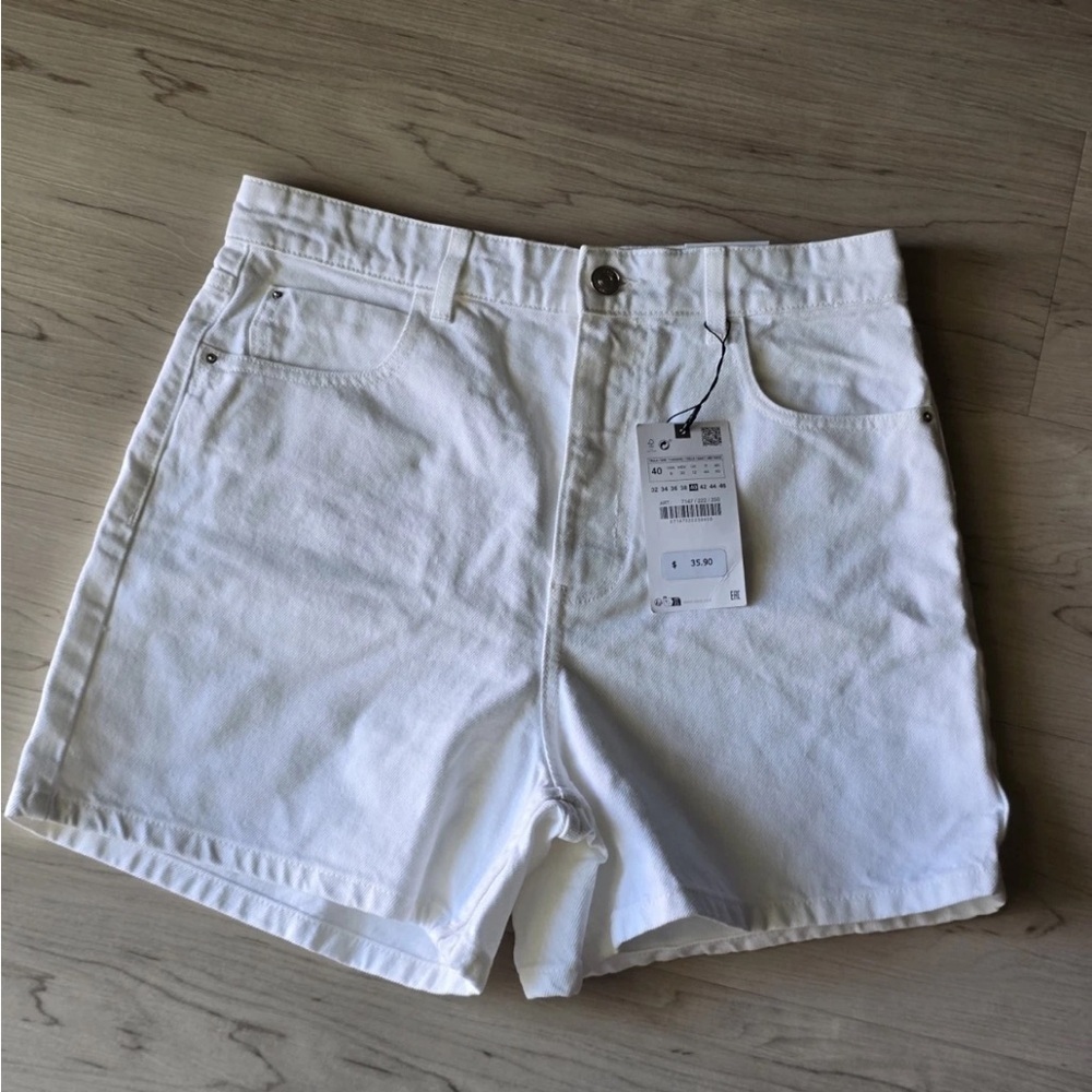 Zara White Denim Mom Shorts Sz 8 Women New - Picture 10 of 13